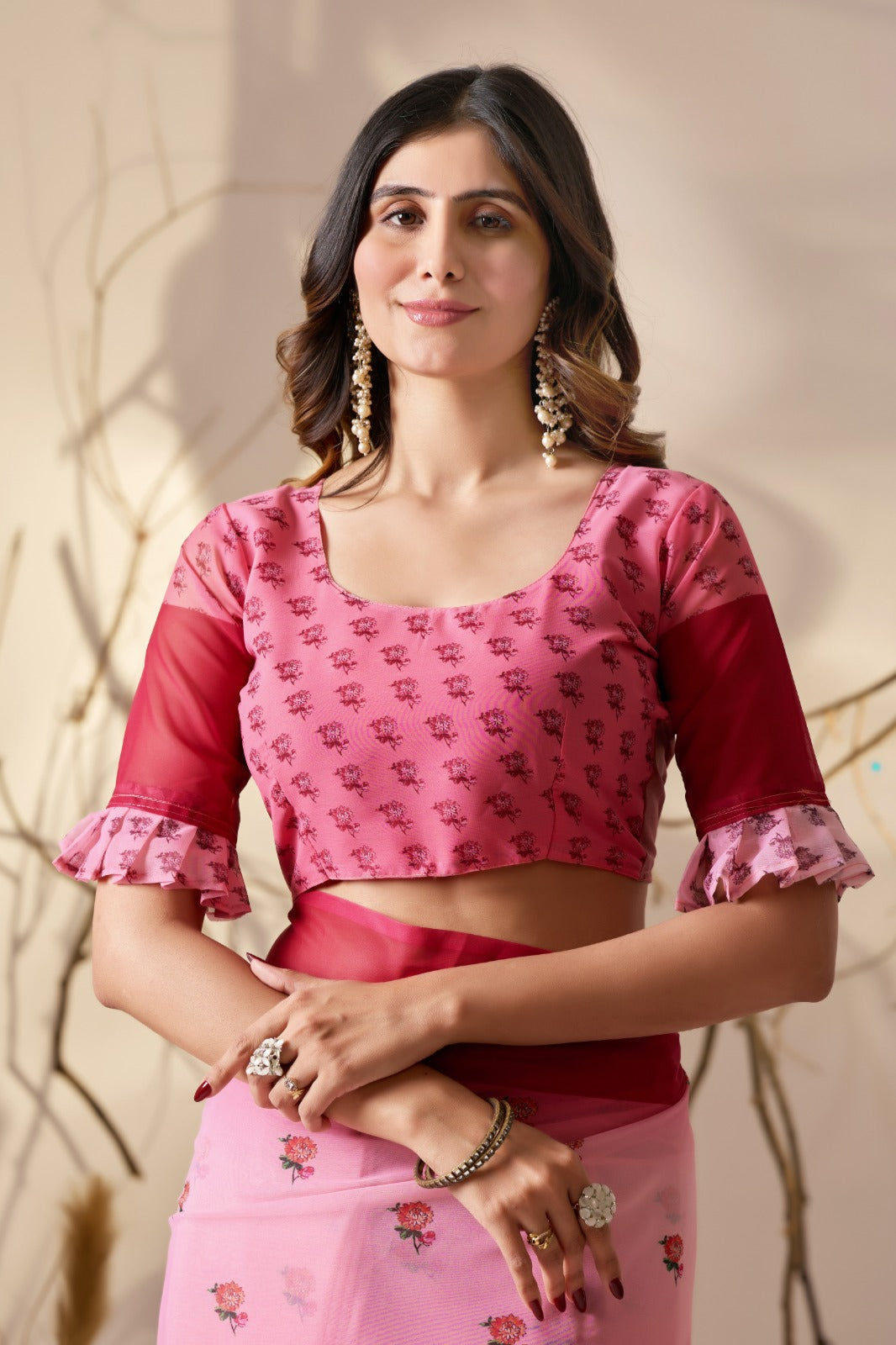 Pink Floral Georgette Saree with Designer Pallu for Women