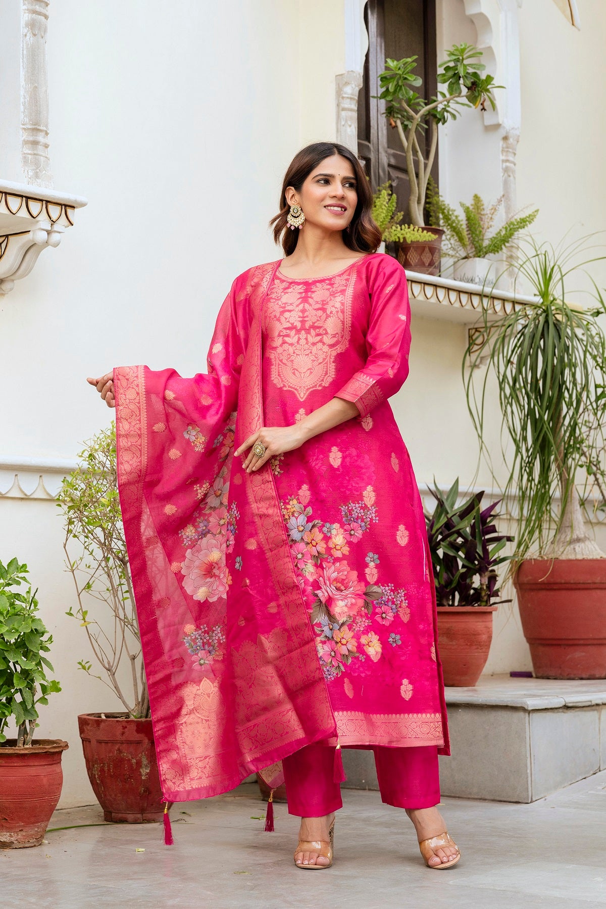 Rani Pink Floral Woven Chanderi Kurti Set Women