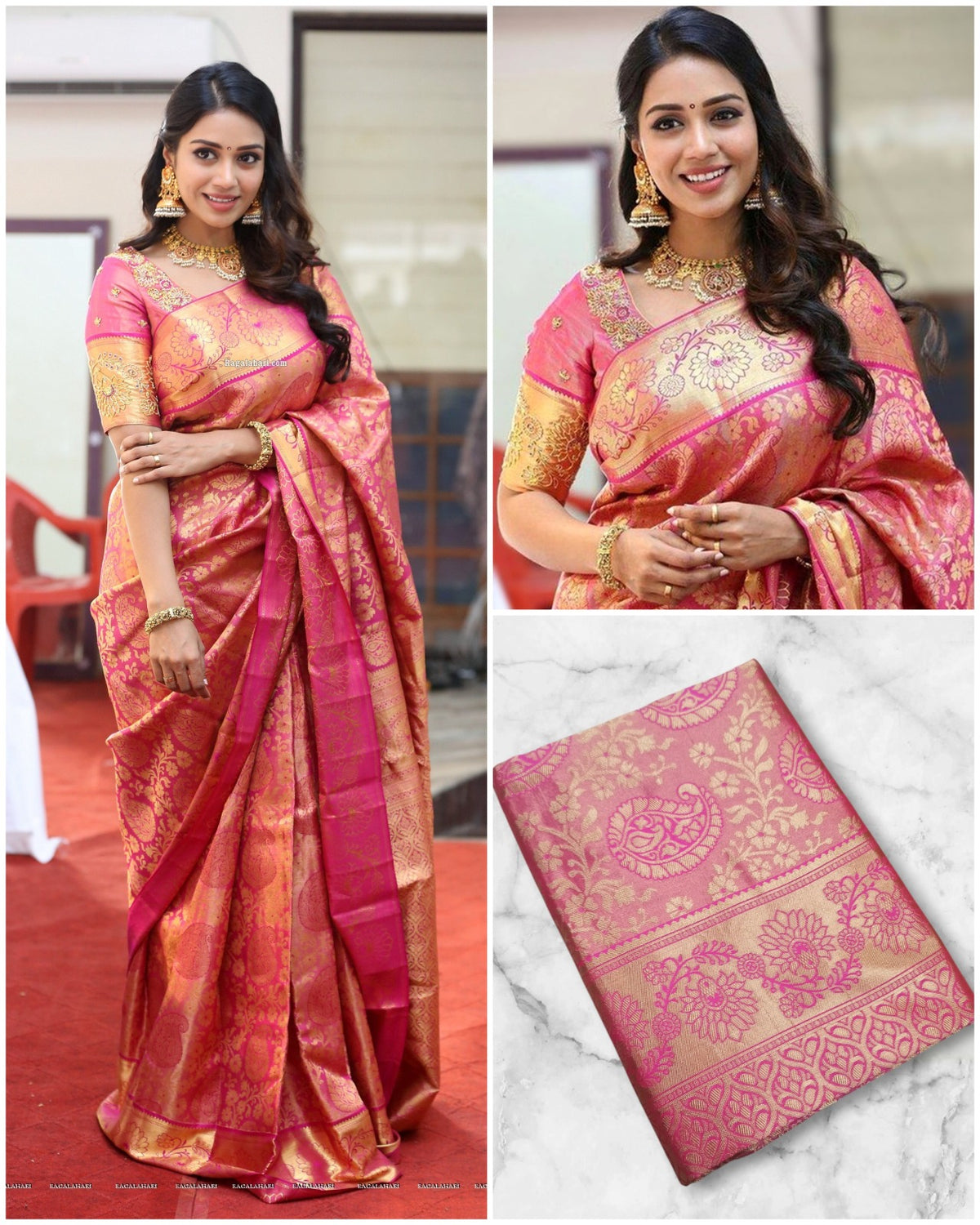 Pink Gold Banarasi Lichi Silk Saree with Rich Zari Work for Women