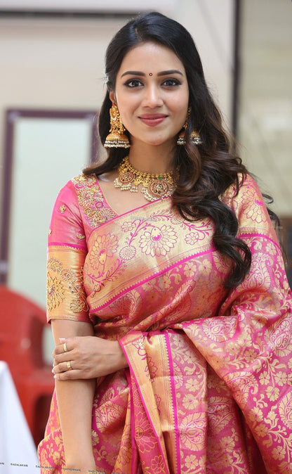 Pink Gold Banarasi Lichi Silk Saree with Rich Zari Work for Women