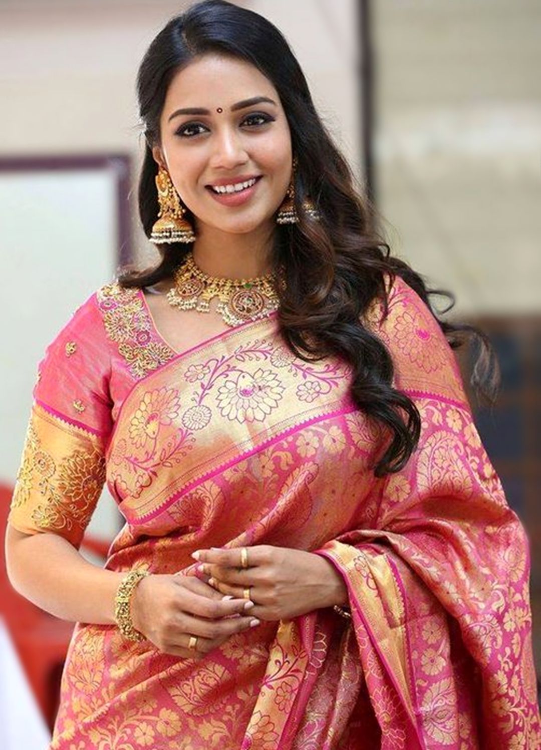 Pink Gold Banarasi Lichi Silk Saree with Rich Zari Work for Women