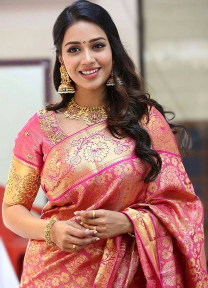 Pink Gold Banarasi Lichi Silk Saree with Rich Zari Work for Women