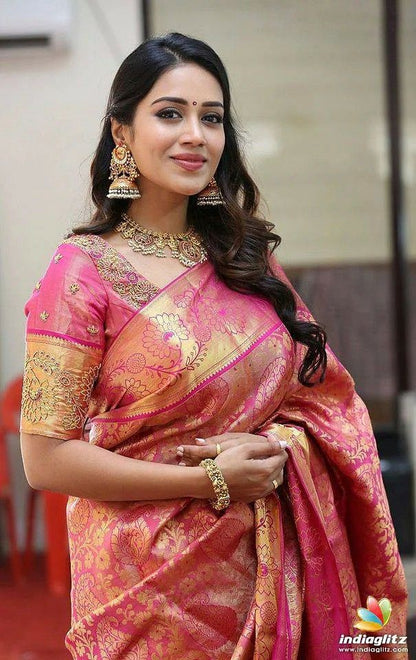 Pink Gold Banarasi Lichi Silk Saree with Rich Zari Work for Women