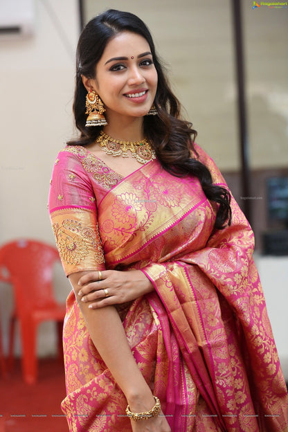 Pink Gold Banarasi Lichi Silk Saree with Rich Zari Work for Women