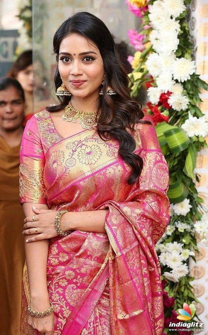 Pink Gold Banarasi Lichi Silk Saree with Rich Zari Work for Women