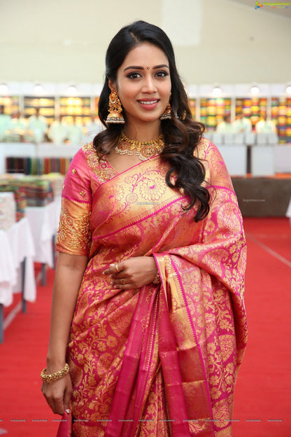 Pink Gold Banarasi Lichi Silk Saree with Rich Zari Work for Women