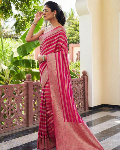 Pink Gold Zari Banarasi Lichi Silk Saree With Blouse for Women