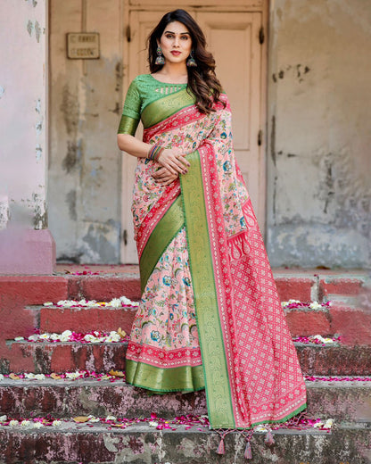 Pink Green Floral Silk Saree with Zari Border Festive for Women