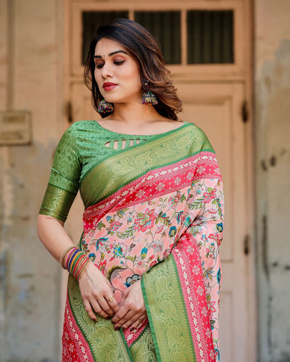 Pink Green Floral Silk Saree with Zari Border Festive for Women