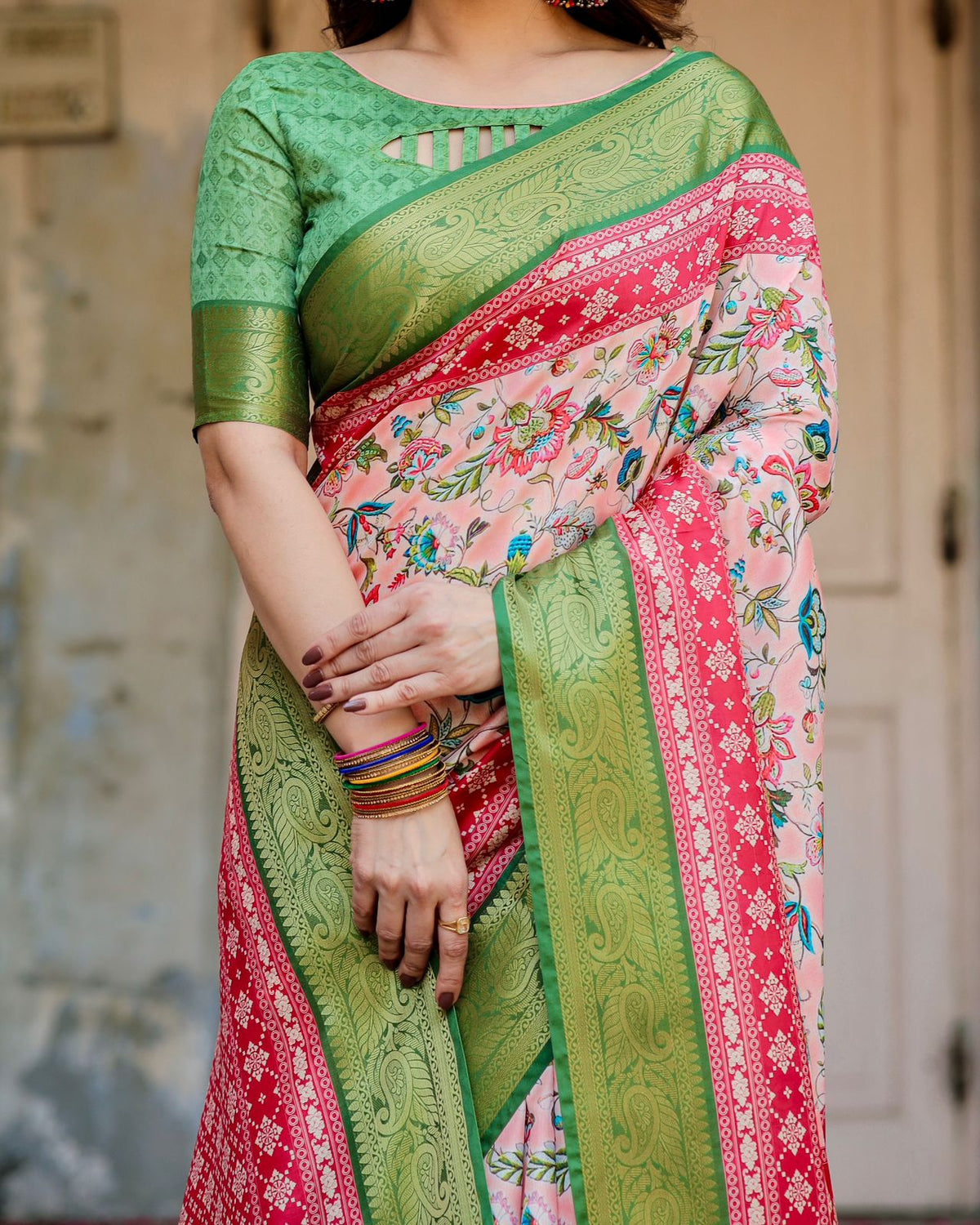 Pink Green Floral Silk Saree with Zari Border Festive for Women