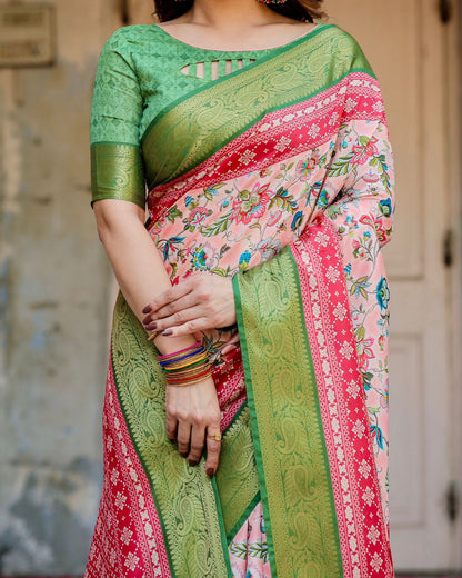 Pink Green Floral Silk Saree with Zari Border Festive for Women