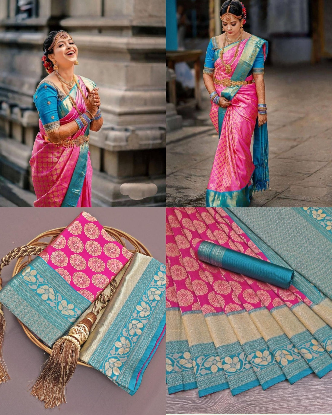 Pink Lichi Silk Saree with Teal Border &amp; Zari Weaving for Women