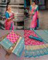 Pink Lichi Silk Saree with Teal Border & Zari Weaving for Women