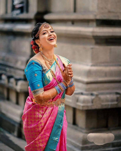 Pink Lichi Silk Saree with Teal Border &amp; Zari Weaving for Women