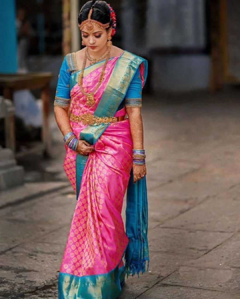 Pink Lichi Silk Saree with Teal Border &amp; Zari Weaving for Women