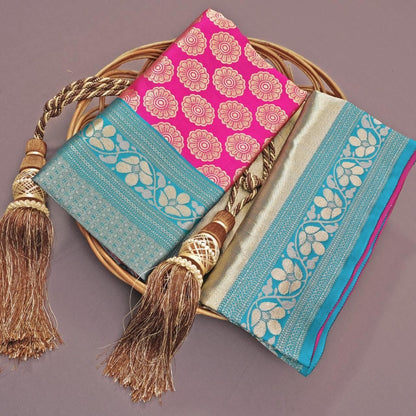 Pink Lichi Silk Saree with Teal Border &amp; Zari Weaving for Women