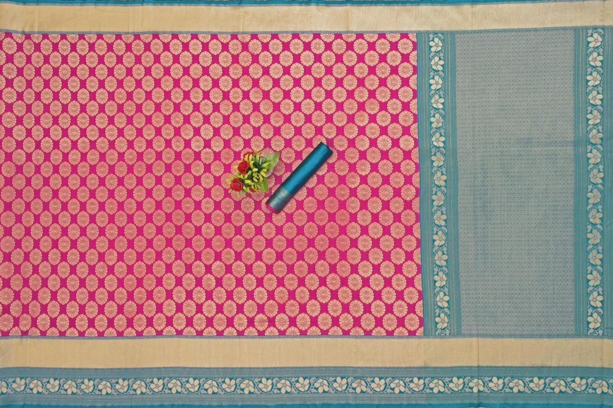 Pink Lichi Silk Saree with Teal Border &amp; Zari Weaving for Women