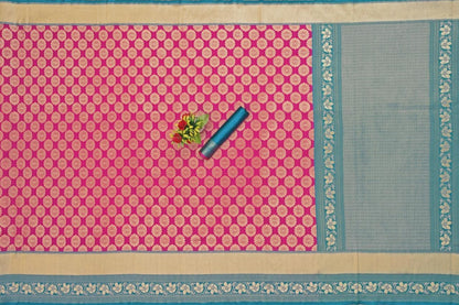Pink Lichi Silk Saree with Teal Border &amp; Zari Weaving for Women
