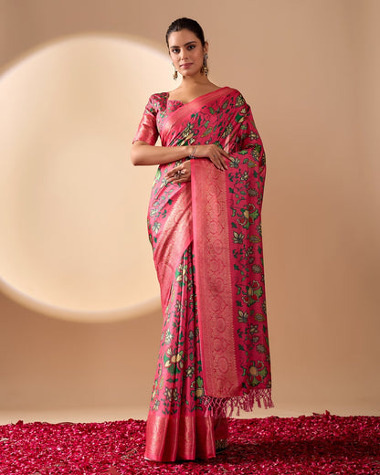 Pink Lichi Silk Saree with Floral Print Zari Border for Women