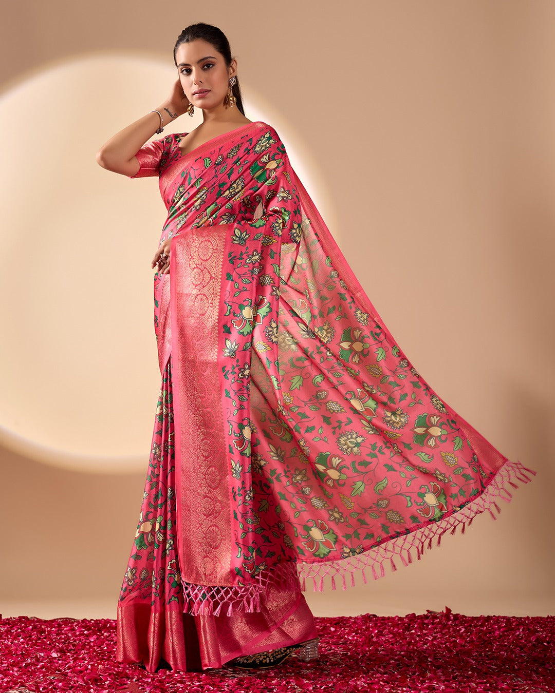 Pink Lichi Silk Saree with Floral Print Zari Border for Women