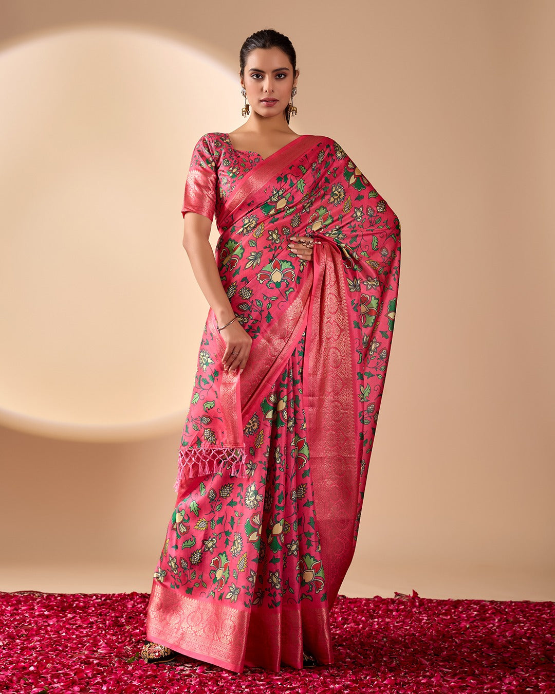 Pink Lichi Silk Saree with Floral Print Zari Border for Women