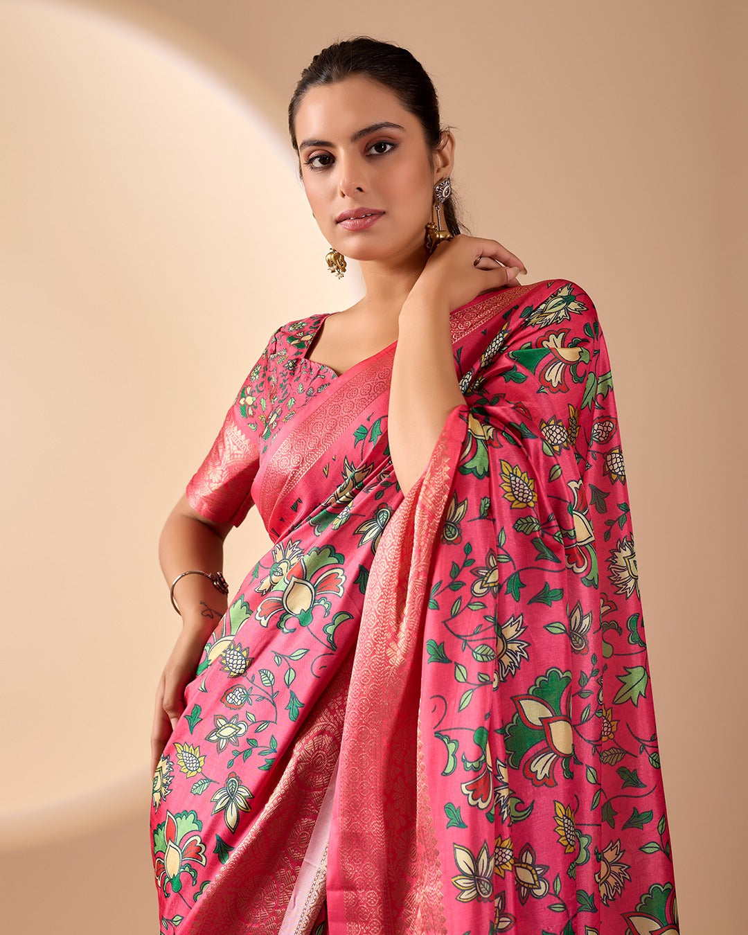 Pink Lichi Silk Saree with Floral Print Zari Border for Women