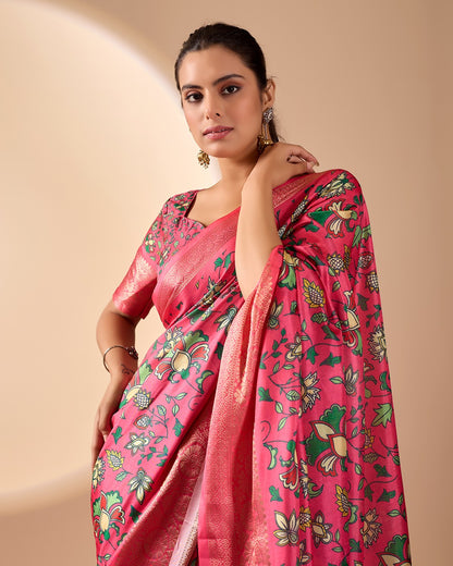 Pink Lichi Silk Saree with Floral Print Zari Border for Women