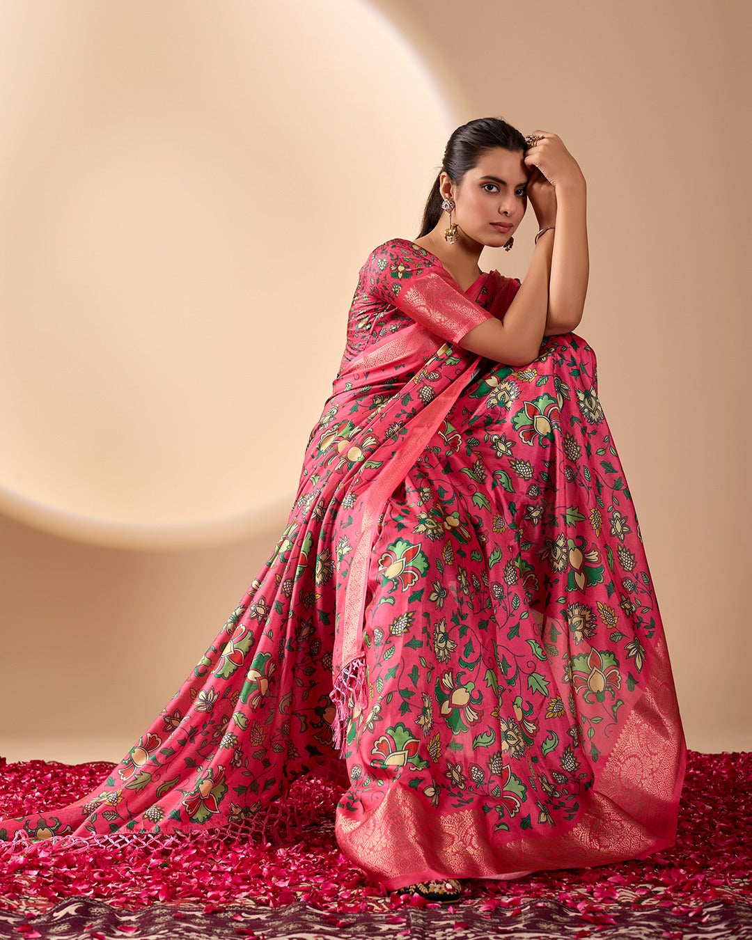 Pink Lichi Silk Saree with Floral Print Zari Border for Women