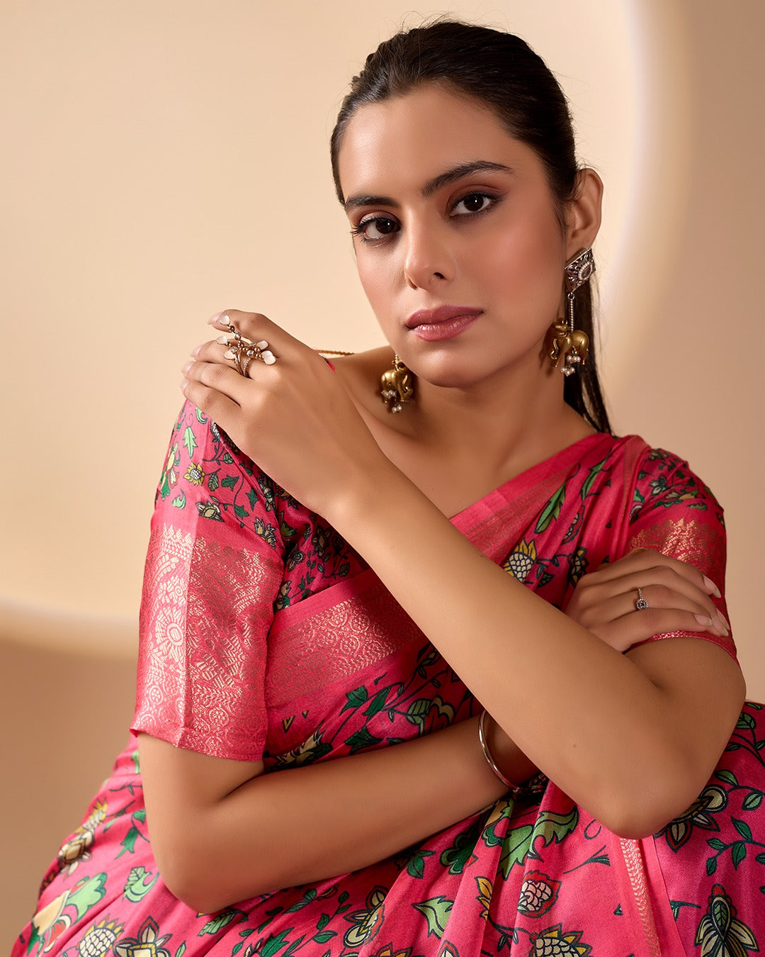 Pink Lichi Silk Saree with Floral Print Zari Border for Women