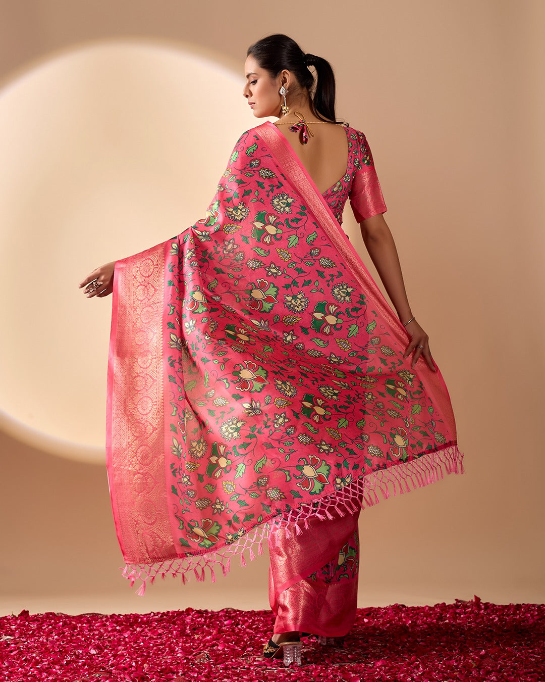 Pink Lichi Silk Saree with Floral Print Zari Border for Women