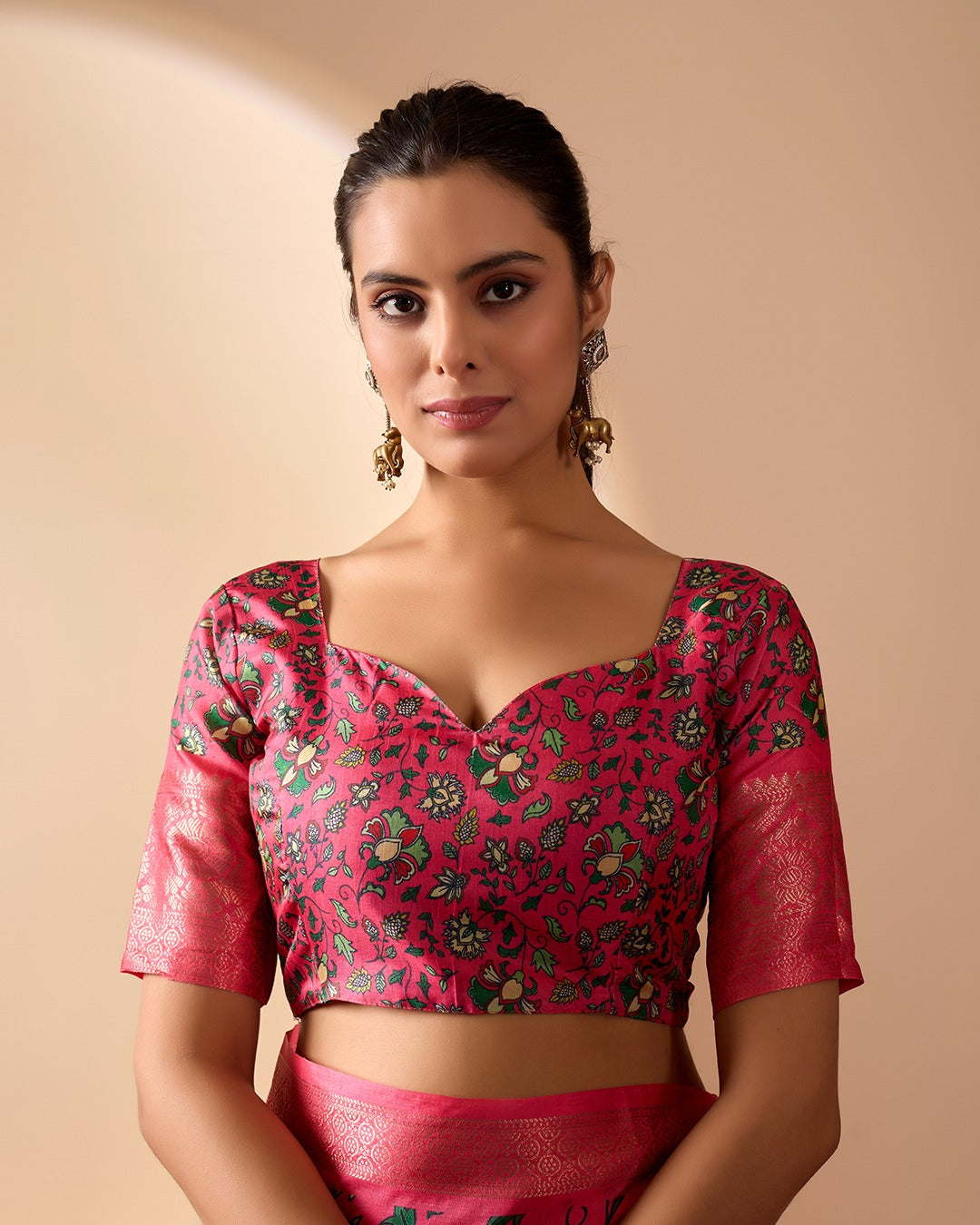 Pink Lichi Silk Saree with Floral Print Zari Border for Women