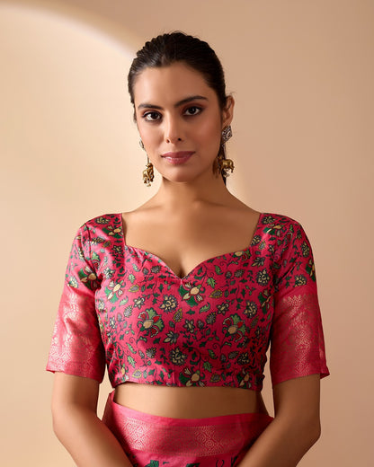 Pink Lichi Silk Saree with Floral Print Zari Border for Women