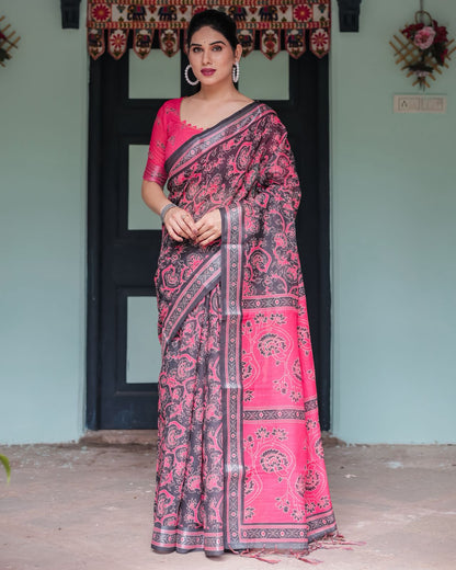 Black Pink Linen Saree with Digital Floral Print Pallu for Women