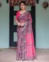 Black Pink Linen Saree with Digital Floral Print Pallu for Women