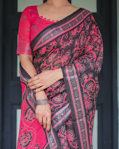 Black Pink Linen Saree with Digital Floral Print Pallu for Women