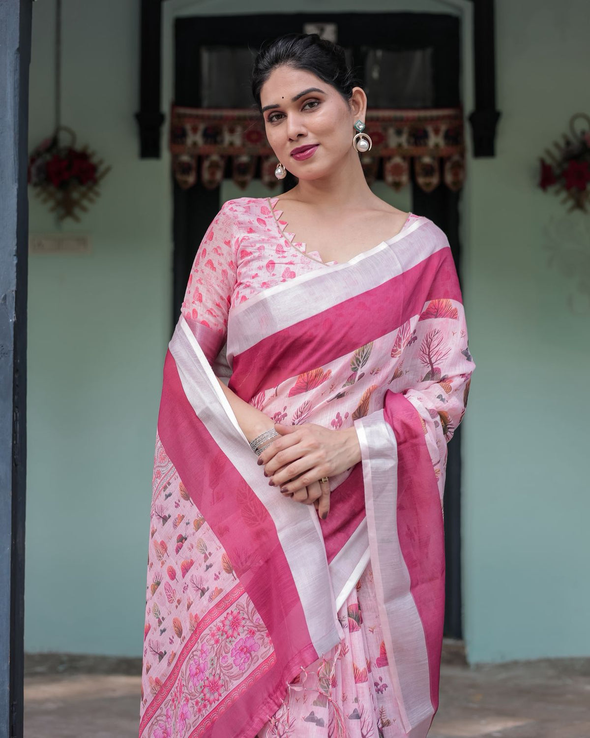 Soft Pink Floral Linen Saree with Elegant Border for Women
