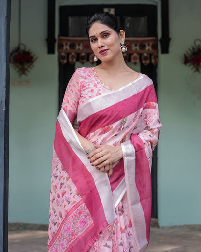 Soft Pink Floral Linen Saree with Elegant Border for Women
