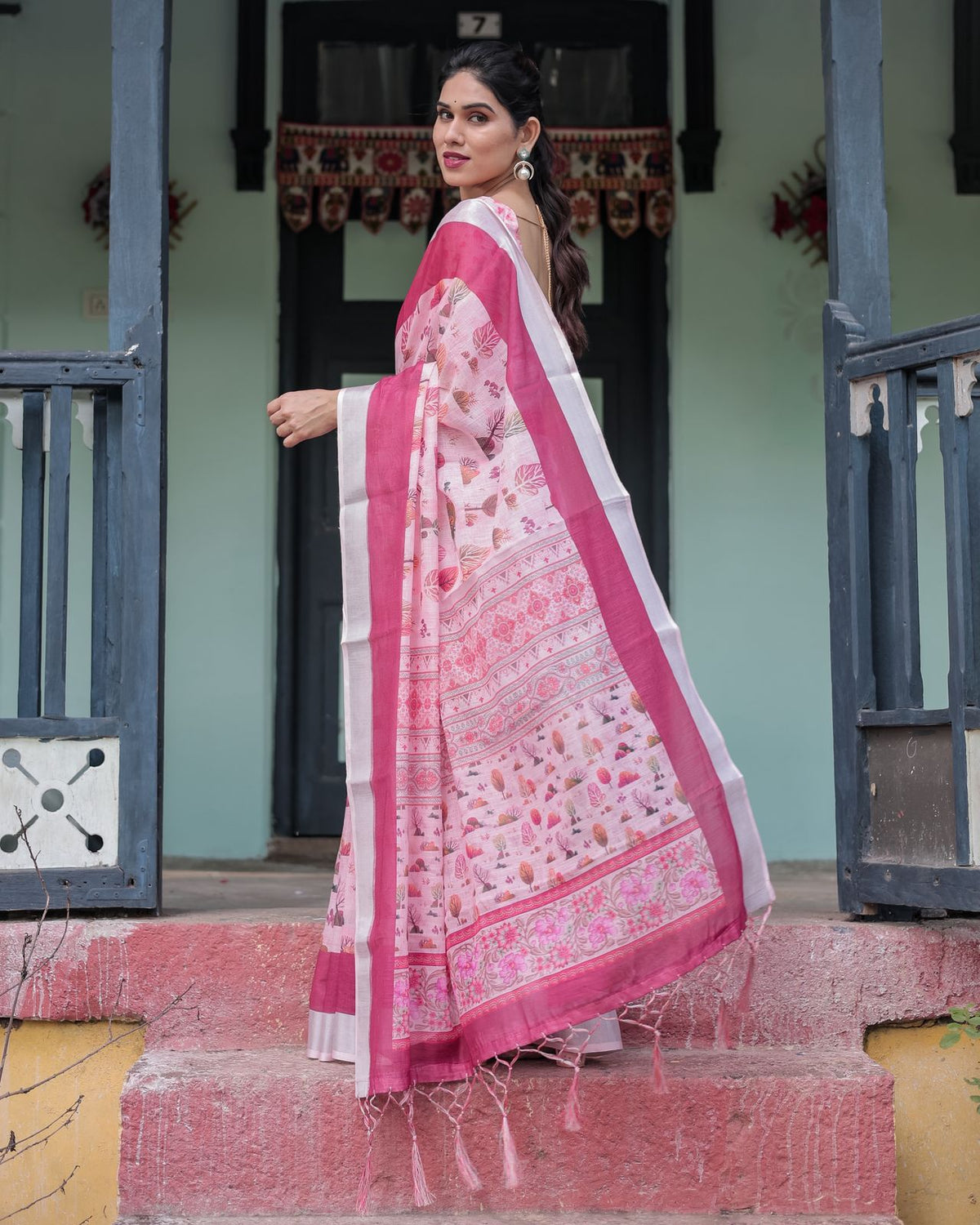 Soft Pink Floral Linen Saree with Elegant Border for Women