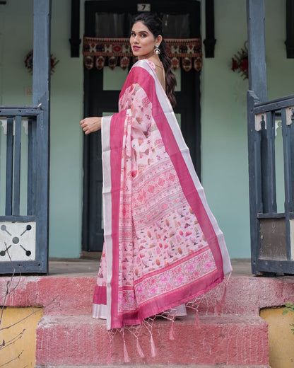 Soft Pink Floral Linen Saree with Elegant Border for Women