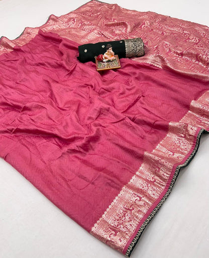 Soft Pink Maslin Silk Saree with Woven Blouse for Women