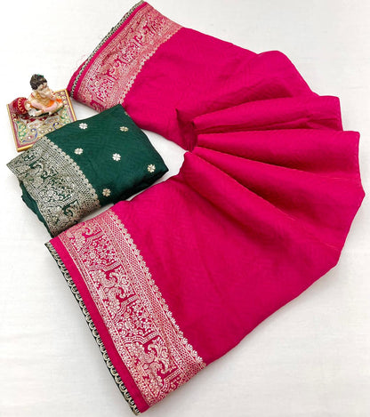 Rani Pink Maslin Silk Zari Woven Saree With Rich Pallu for Women