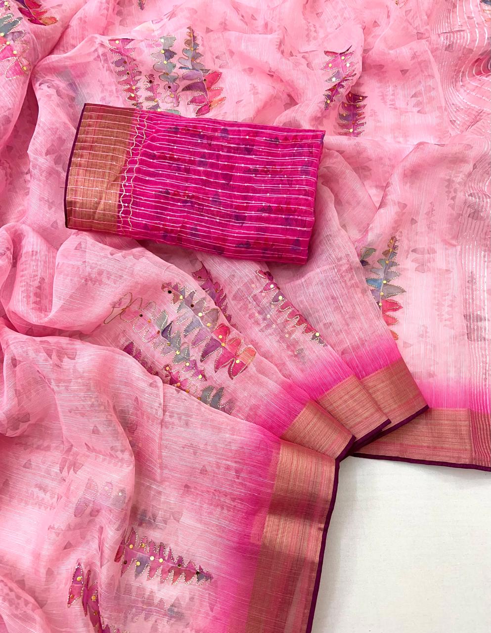 Pink Organza Cotton Silk Saree With Thread & Sequin Work
