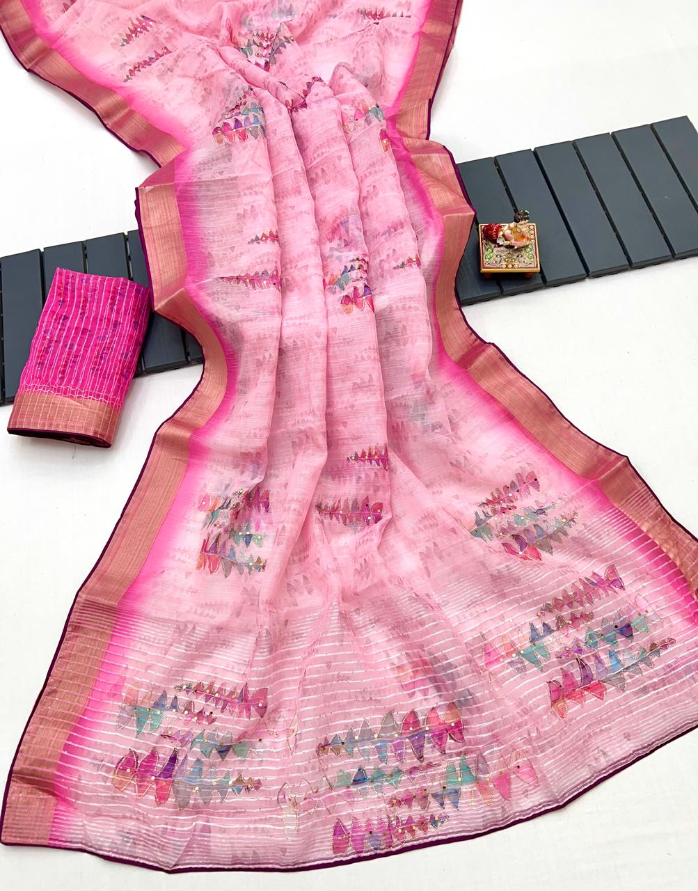 Pink Organza Cotton Silk Saree With Thread &amp; Sequin Work for Women