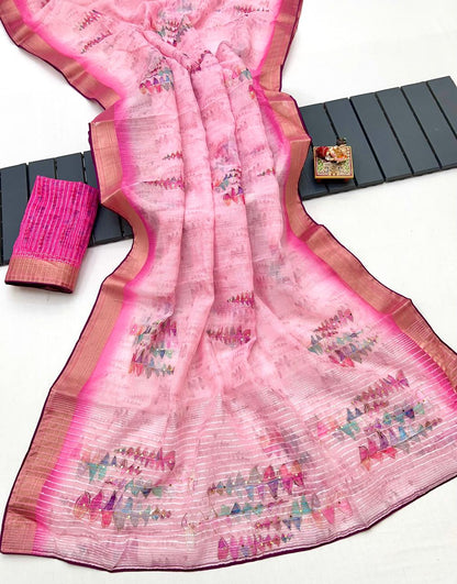 Pink Organza Cotton Silk Saree With Thread &amp; Sequin Work for Women