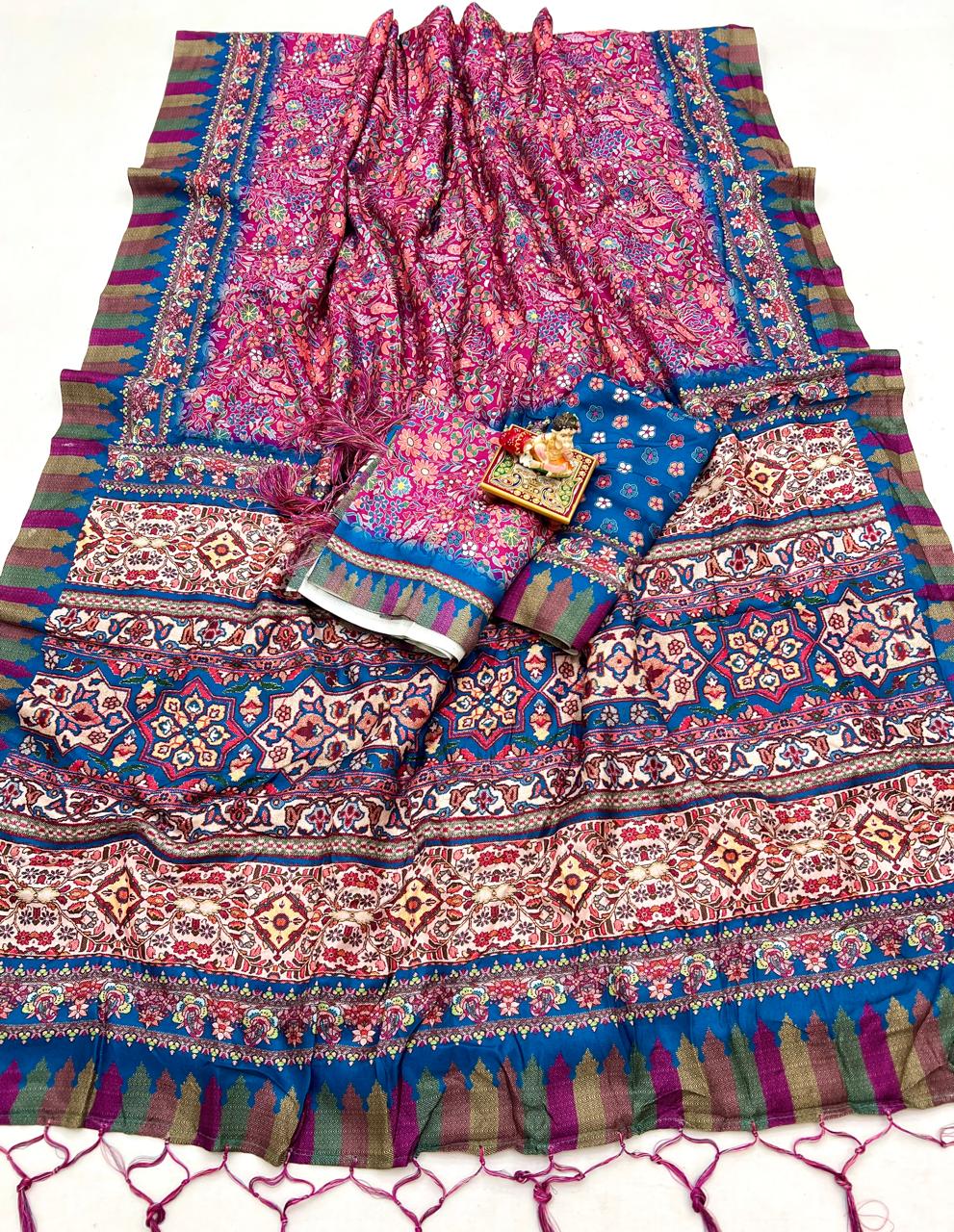 Pink Floral Pashmina Saree with Shawl &amp; Blouse for Women
