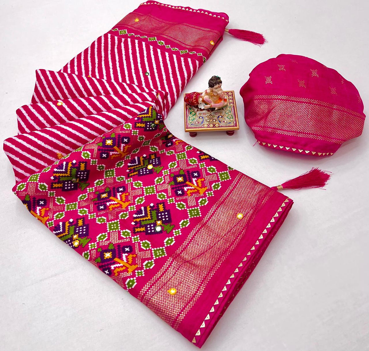 Pink Patola Print Pashmina Silk Saree With Mirror Work for Women