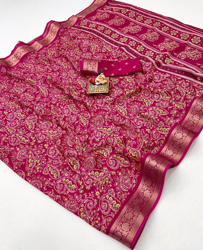 Pink Paisley Print Moss Georgette Saree With Zari Border for Women
