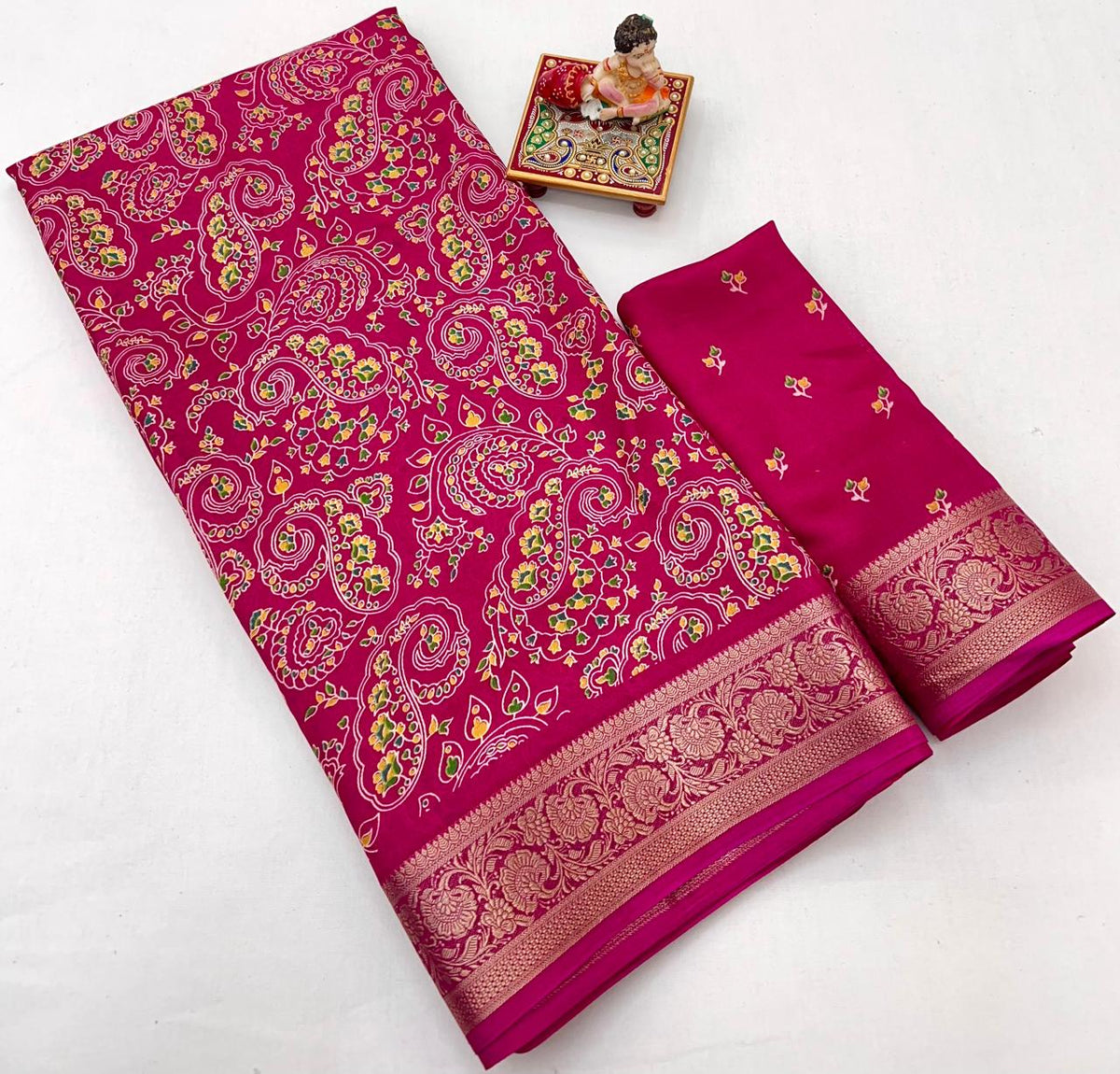 Pink Paisley Print Moss Georgette Saree With Zari Border for Women