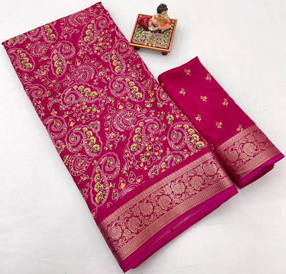 Pink Paisley Print Moss Georgette Saree With Zari Border for Women