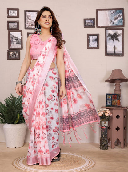 Pink Floral Printed Cotton Linen Saree with Tassels for Women